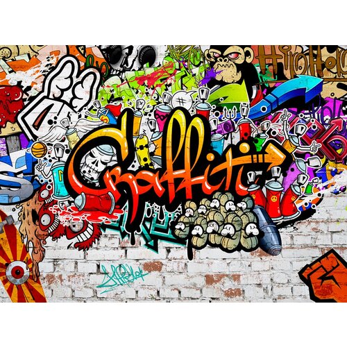 Моющиеся виниловые фотообои GrandPiK В стиле граффити. Graffiti на кирпичной стене, 350х260 см