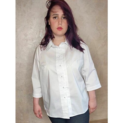 Блуза , классический стиль, свободный силуэт, укороченный рукав, однотонная, размер 44, голубой