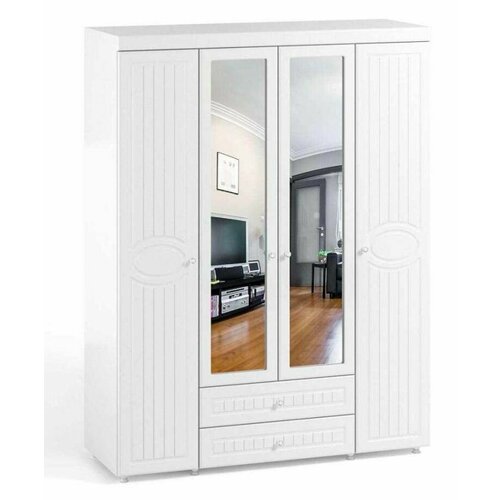 Шкаф 4 дв (560) с 2 Большими глухими дверьми, с 2 Малыми зеркальными дверьми и ящиками Катрин-К МН-63 Монако Белое дерево