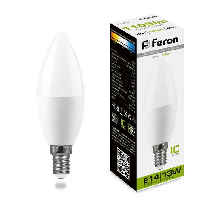 FERON Лампа светодиодная FERON, (13W) 230V E14 4000K С37, LB-970