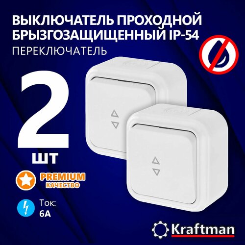 Выключатель одноклавишный, переключатель уличный проходной на 2 направления, влагозащищенный, открытой установки, 6А, IP54, серия ПР, 2 шт