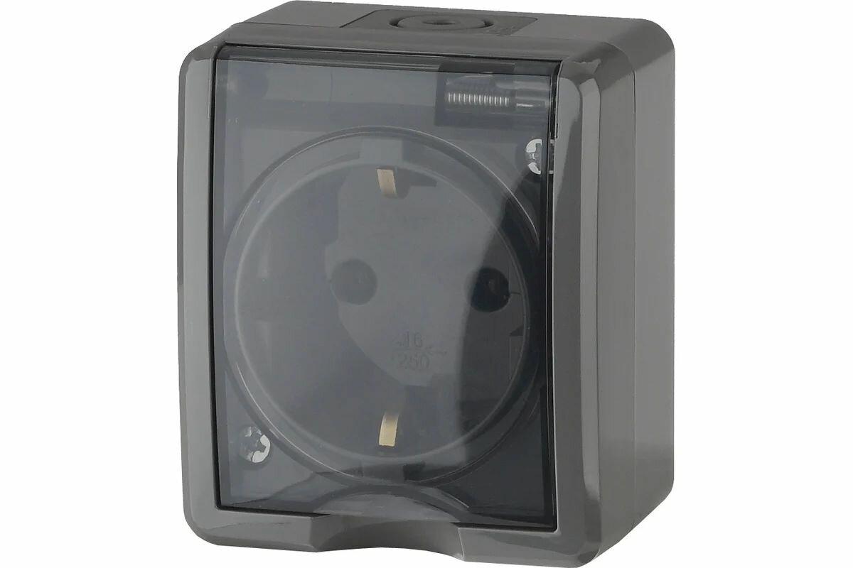 Розетка одноместная открытой установки 2P+E, IP54, 16А, 50В, серая, ЭРА