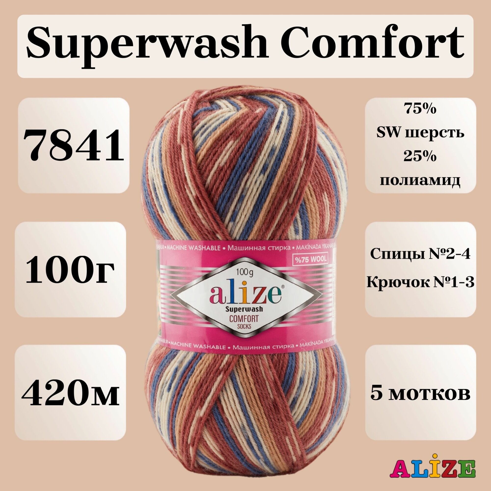 Пряжа для вязания Alize Superwash Comfort Socks, цвет 7841, 100г, 420м, 5шт/упак