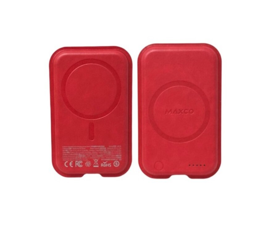 Магнитный аккумулятор с беспроводной зарядкой Maxco Future Magnetic Two-Way, 5000 mAh, 15W, в коже Nappa, Красный