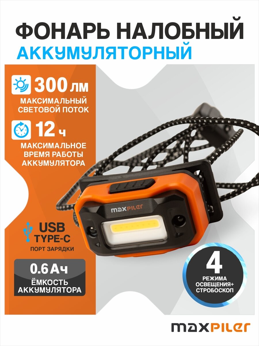 Фонарь налобный аккумуляторный MAXPILER MHF-01
