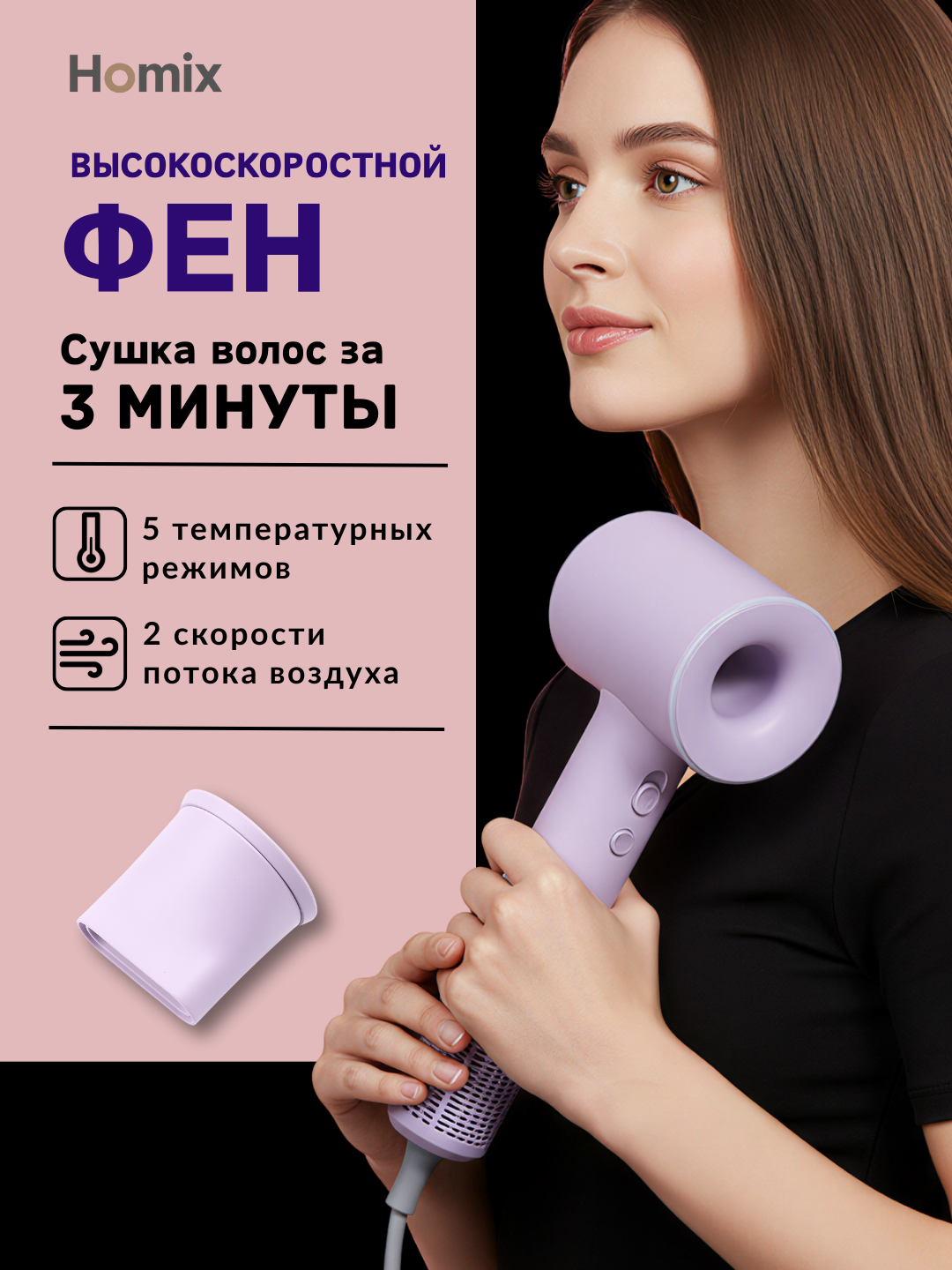 Фен Homix высокой скорости с ионизацией, для сушки и укладки
