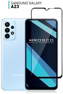 Фото Защитное стекло ROSCO на Samsung Galaxy A23 (Самсунг Галакси А23), олеофобное покрытие, прозрачное с черной рамкой, (стекло легко наклеить)