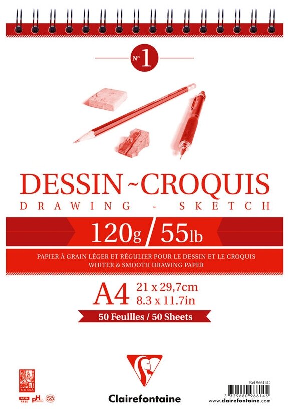 Блокнот для зарисовок А4, 50л Clairefontaine "Dessin croquis" (120 г/кв.м, спираль) (96614C)