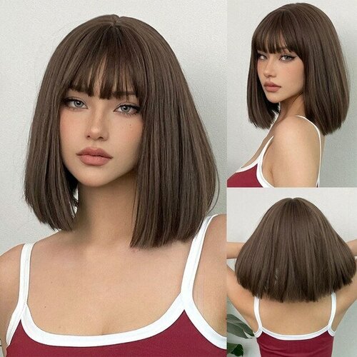 Женский парик каре с челкой коричневый
