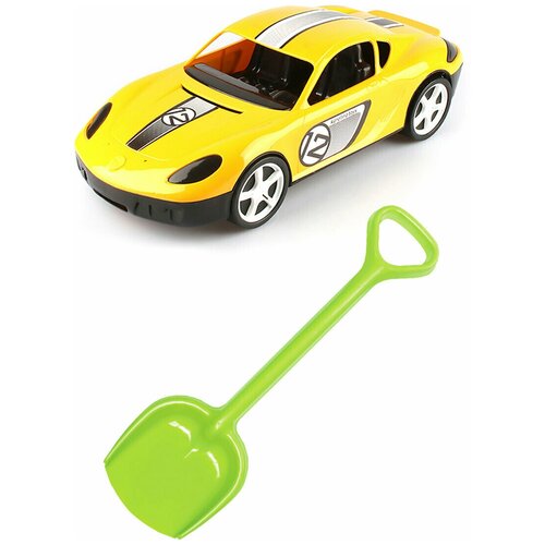 Игрушки для песочницы для снега Детский автомобиль Молния желтый + Лопатка 50 см. салатовая