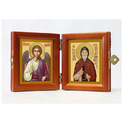 Складень именной Преподобный Александр Константинопольский - Ангел Хранитель, из двух икон 8*9,5 см