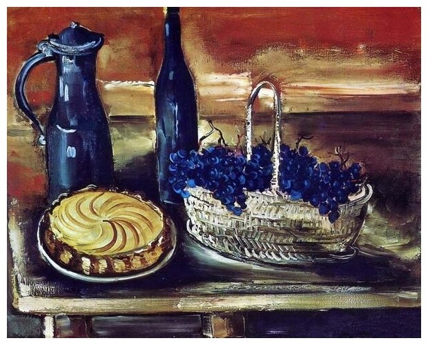 Репродукция на холсте Натюрморт с виноградом, тортом и кувшинами ( Still Life with Cake Grapes And Jugs) Вламинк Морис 38см. x 30см.