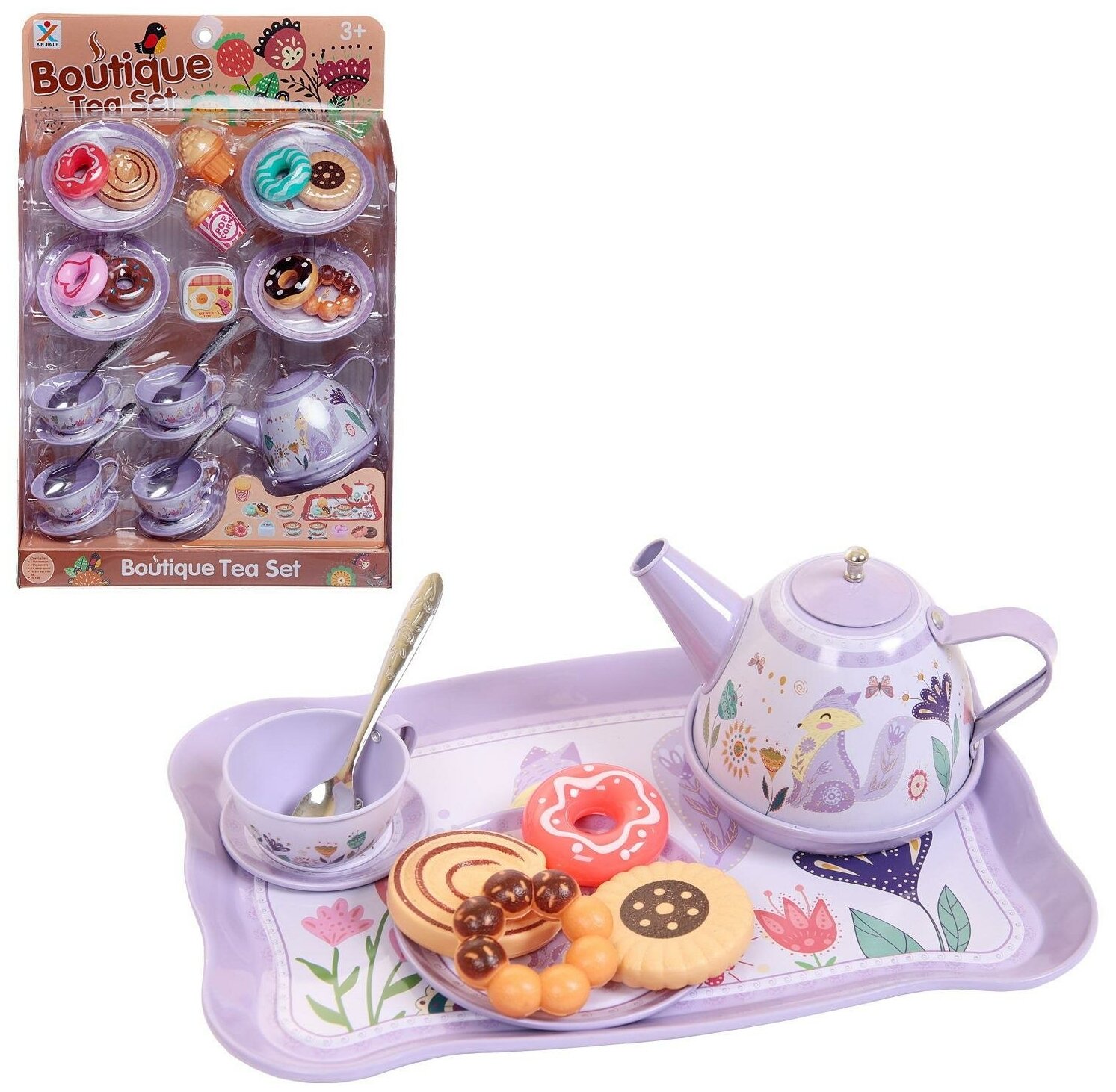 Игровой набор Junfa Посуда металлическая в наборе с чайником, чашками, блюдцами, подносом, продуктами, голубой WK-14790