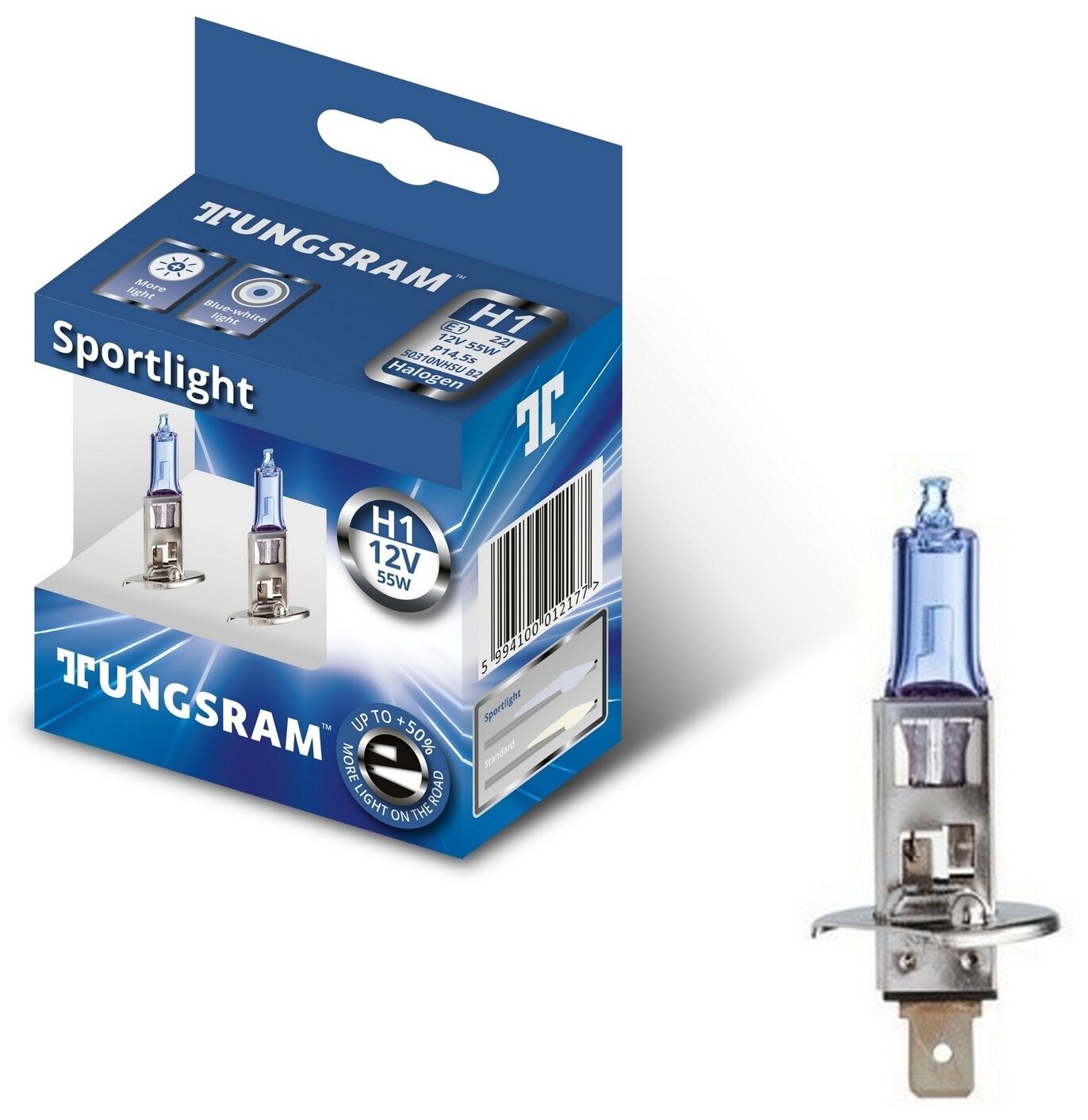 Лампы TUNGSRAM "Sportlight", H1, +50%, 12V, 55W, P14,5s, 3800K, комплект 2 шт.