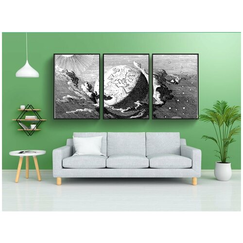 фото Набор модулных постеров для интерьера "земля, пространство, штриховая графика" 60x90 см. в тубусе, без рамки lotsprints