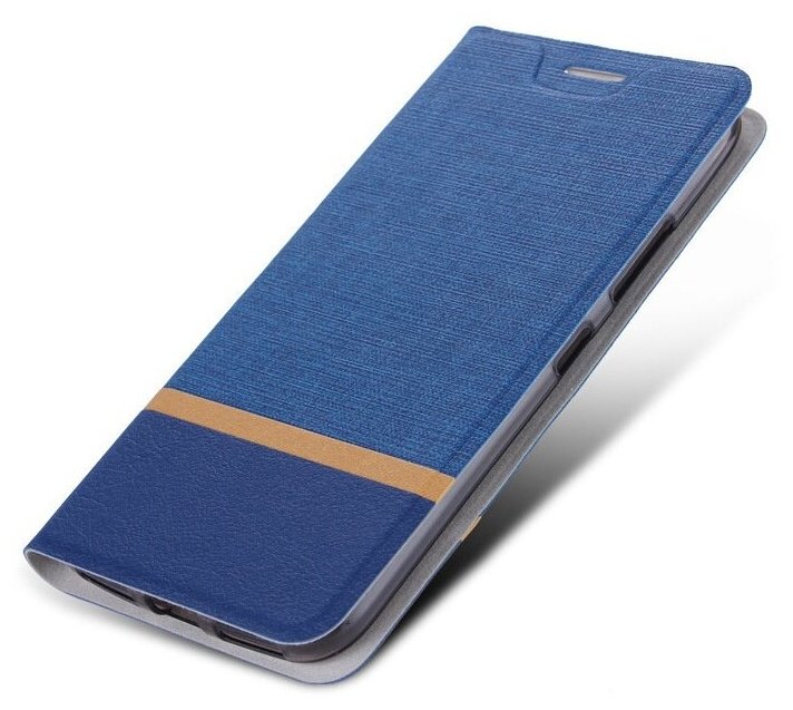 Чехол-книжка MyPads для Samsung Galaxy A41 SM-A415F (2020) из водоотталкивающей ткани под джинсу с золотой полосой и вставкой под кожу синий