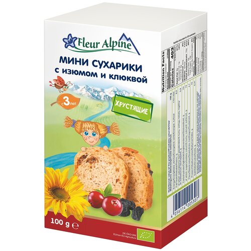 Снэк Fleur Alpine мини сухарики с изюмом и клюквой, с 3 лет, 100 г, 1 шт. хлебные палочки детские мультизлаковые fleur alpine с 3 лет 100 г