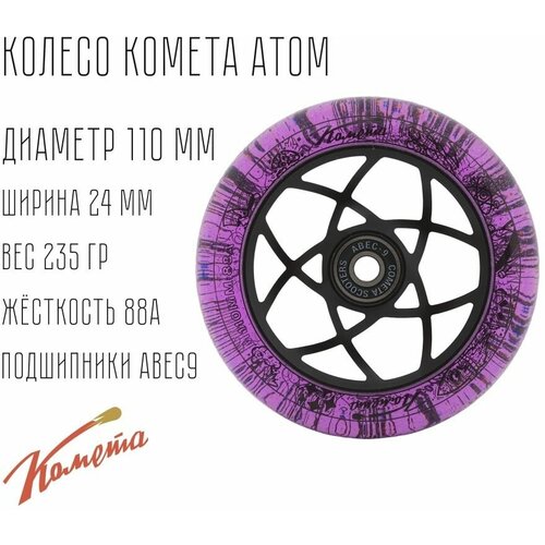 колесо для трюкового самоката комета атом 110 30 черный черный Колесо для трюкового самоката Комета 110мм Атом (Фиолетовый с блёстками / Черный)