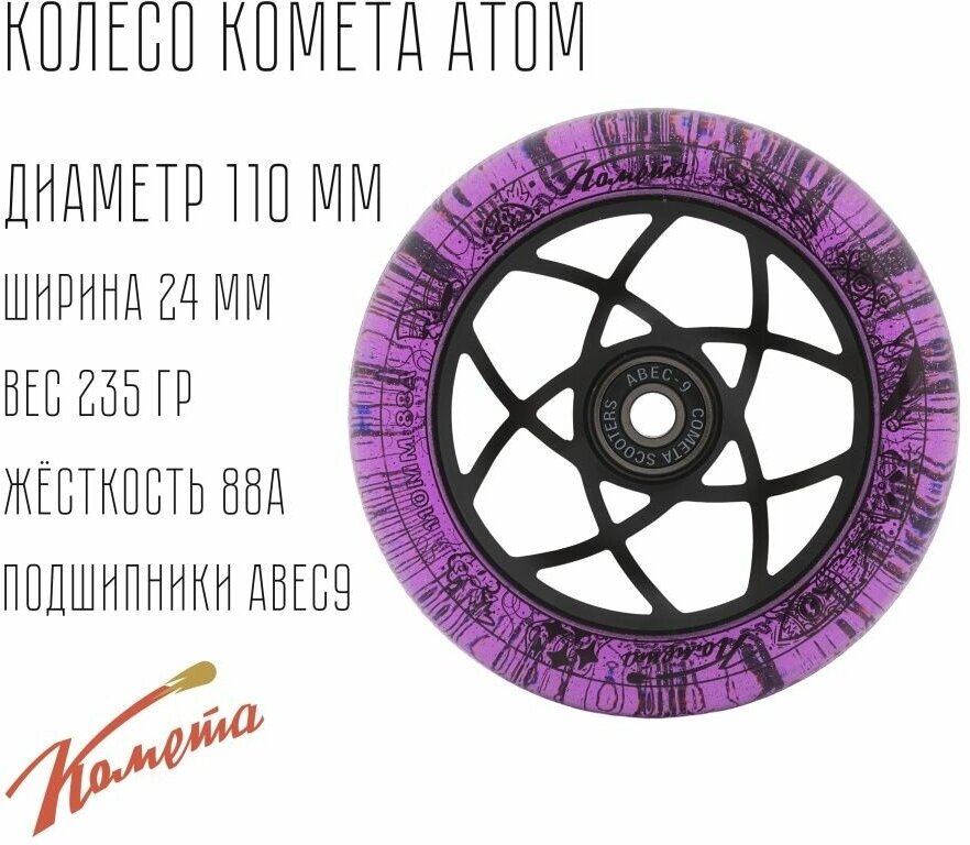 Колесо для трюкового самоката Комета 110мм Атом (Фиолетовый с блёстками / Черный)