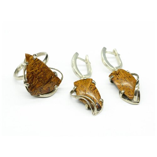 Комплект бижутерии Радуга Камня: кольцо, серьги, кристалл, размер кольца 18, коричневый