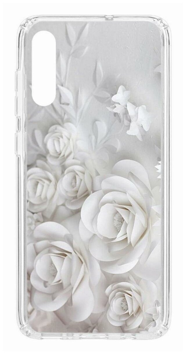 Чехол для Samsung Galaxy A70 Kruche Print White roses, пластиковая накладка, силиконовый бампер с защитой камеры, защитный прозрачный кейс с рисунком