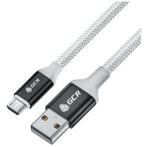 Нейлоновый 1м кабель GCR для быстрой зарядки смартфона AM MicroUSB Quick Charge 3.0 белый+черный gcr qc кабель 0 3m microusb быстрая зарядка белый tpe зеленые коннекторы 28 22 awg