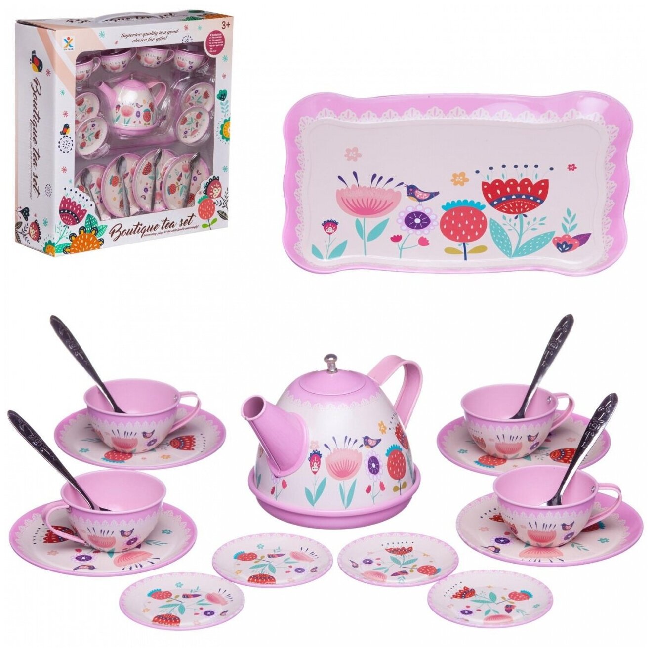 Игровой набор Junfa Посуда металлическая в наборе с чайником, чашками, блюдцами, подносом WK-14782