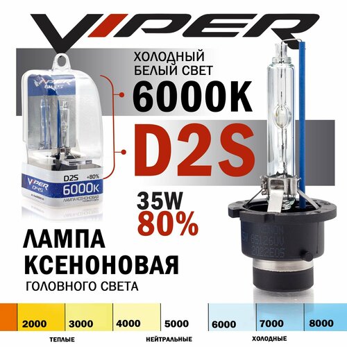 Ксеноновая лампа VIPER D2S 6000K (+80%) Корея для автомобиля штатный ксенон, питание 12V, мощность 35W, 1 штука