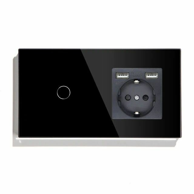Чёрный сенсорный выключатель с розеткой, 2-мя USB портами, панель из закаленного стекла