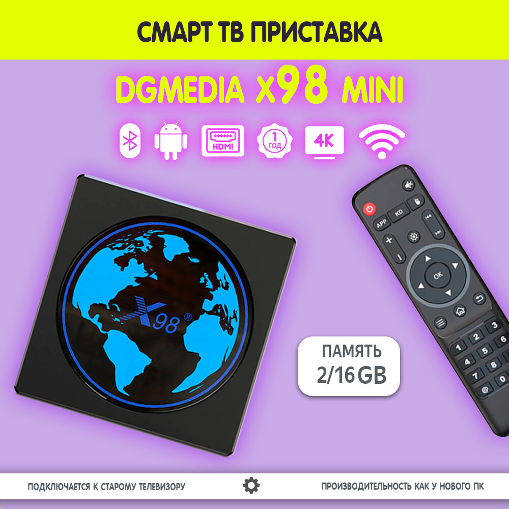 Смарт ТВ приставка DGMedia X98 mini, Андроид медиаплеер 2/16 Гб, Wi-Fi, 4K, Amlogic S905W2