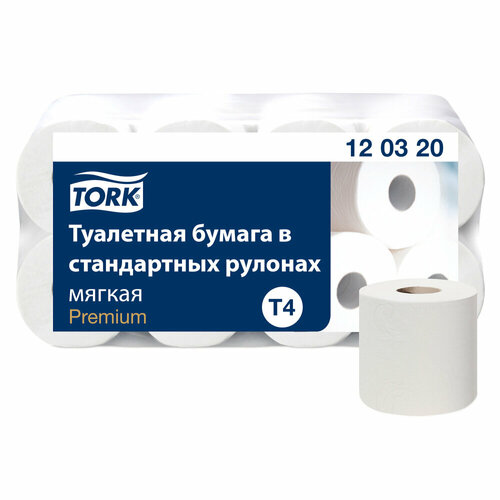 бумага туалетная 2 сл 8 рул уп 12 шт в наборе t4 premium белая tork 1 уп Бумага туалетная TORK PREMIUM, спайка 8 рулонов по 23 метра (Система T4) 2-слойная, белая, 120320 упаковка 4 шт.