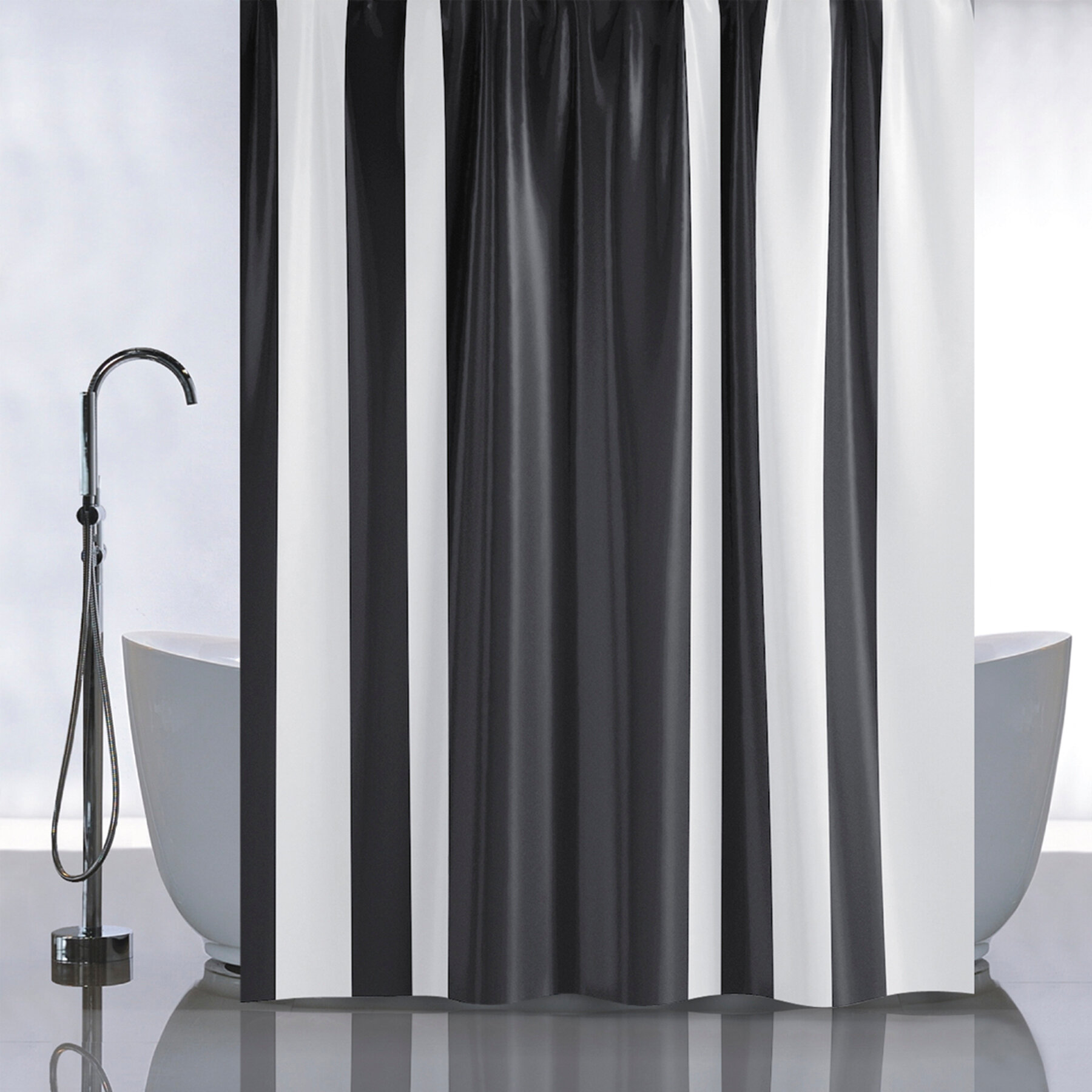 Штора с рисунком, черные полосы вертикальные, , в ванную комнату, без колец, полиэстэр180 х180 см. санакс 01-97