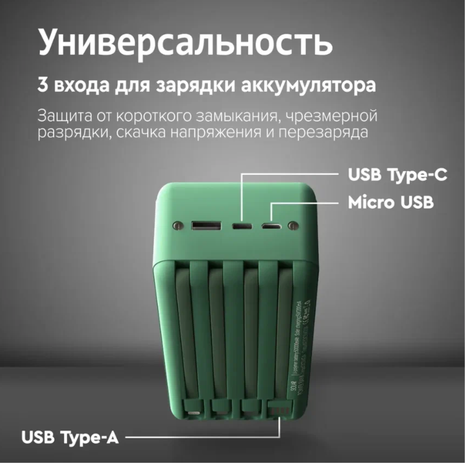 Внешний аккумулятор 50000 mAh для телефона aйфона iphone android windows / зарядное устройство повербанк / power bank с солнечной батареей — фото 1