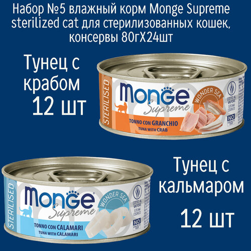 Набор №5 Влажный корм Monge Supreme Sterilised для стерилизованных кошек, консервы 24шт по 80гр (2 вкуса по 12шт)
