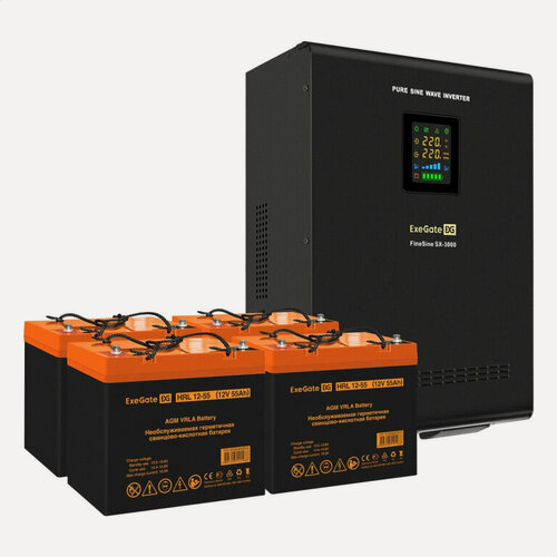 Изображение товара Комплект ИБП EX296003RUS + батарея 55Aч EX285652RUS 4шт (инвертор, синус, для котла, настенный) ExeGate FineSine SX-3000. LCD. AVR.2SH. T