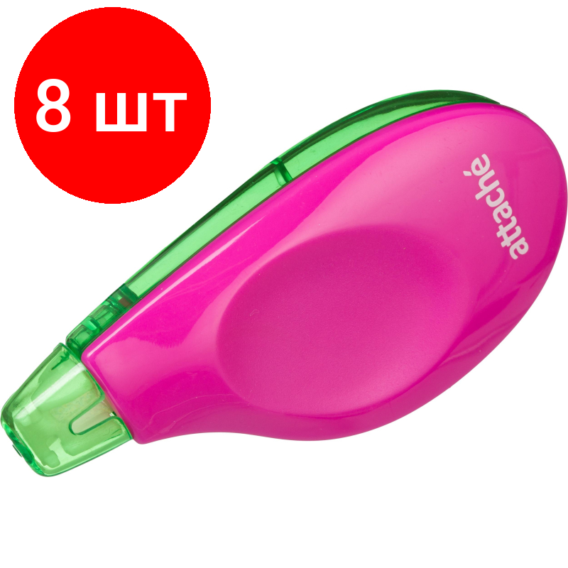 Комплект 8 штук, Корректирующая лента Attache Neon, 5мм x 6м, розово-зелен, блистер
