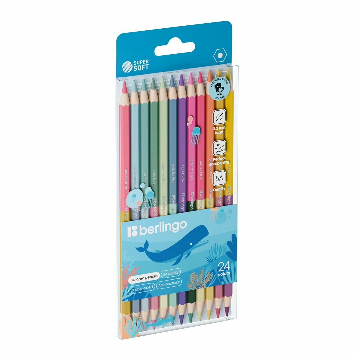 Набор карандашей цветные пастельные двусторонние Berlingo "SuperSoft. Pastel", 24 цв., 12 шт., заточ - фото №1