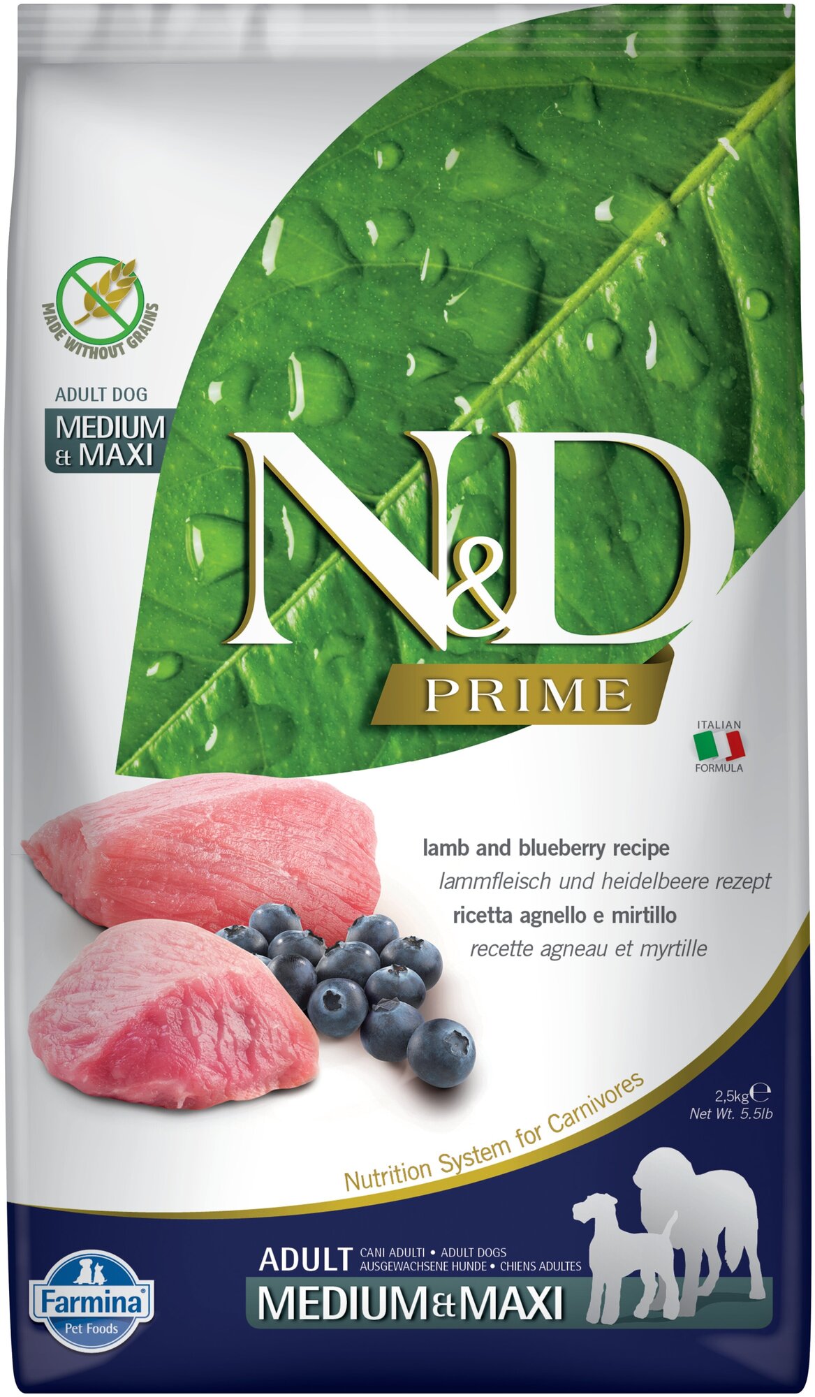 Корм Farmina N&D PRIME Lamb & Blueberry Adult Medium/Maxi беззерновой для взрослых собак средних и крупных пород ягненок с черникой, 12 кг