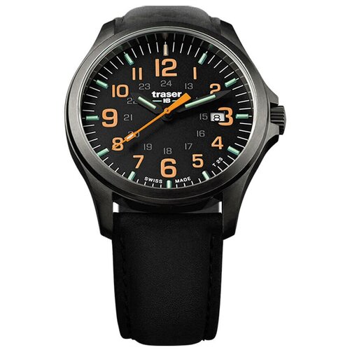 фото Наручные часы traser часы traser p67 officer pro gunmetal black/orange с кожаным ремешком 107877, черный