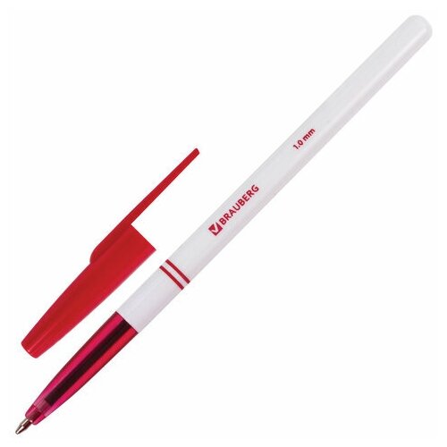 Ручка шариковая BRAUBERG "Офисная", красная, корпус белый, узел 1 мм, линия письма 0,5 мм, 140892