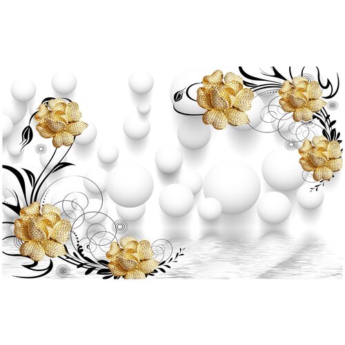 Фотообои Уютная стена 3D Золотые розы 430х270 см Виниловые Бесшовные (единым полотном)