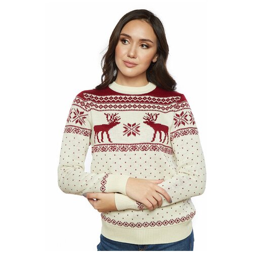 Шерстяной свитер, классический скандинавский орнамент с Оленями и снежинками, натуральная шерсть, молочный цвет, размер XS