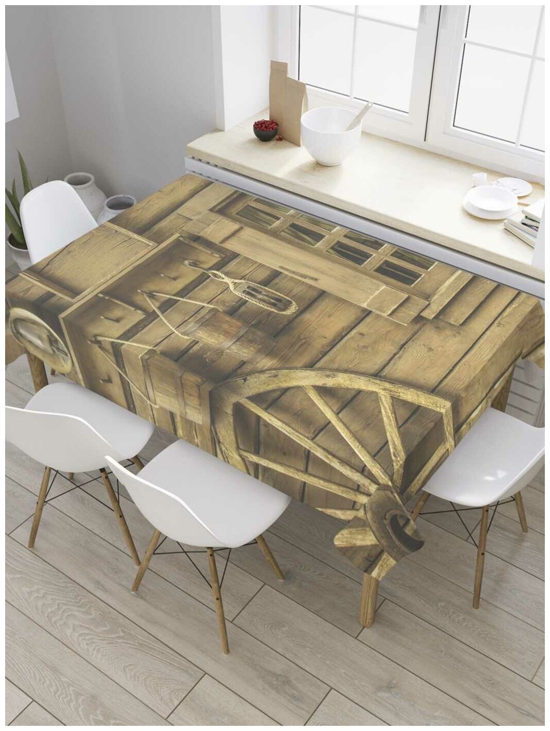 Скатерть прямоугольная JoyArty на кухонный стол "Колесо у деревянного дома" из оксфорда, 120x145 см