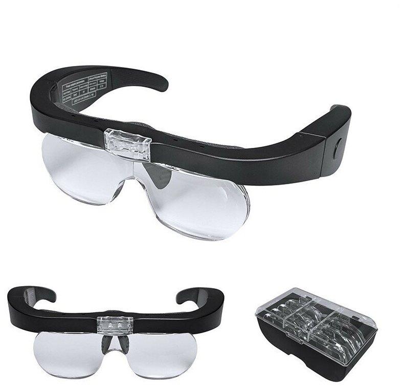 Лупа очки с подсветкой сменными линзами USB и аккумулятором (2 LED) 11537DC