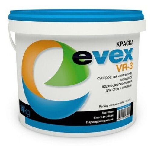 краска водно дисперсионная evex fs 1 влагостойкая матовая белый 3 кг Краска водно-дисперсионная Evex VR-3 матовая белый 14 кг