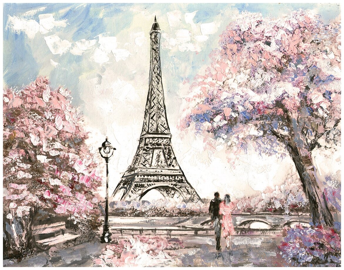 Флизелиновые фотообои Уютная стена "Эйфелева башня в Париже. Нежный пейзаж маслом" 350х270 см с текстурой Песок