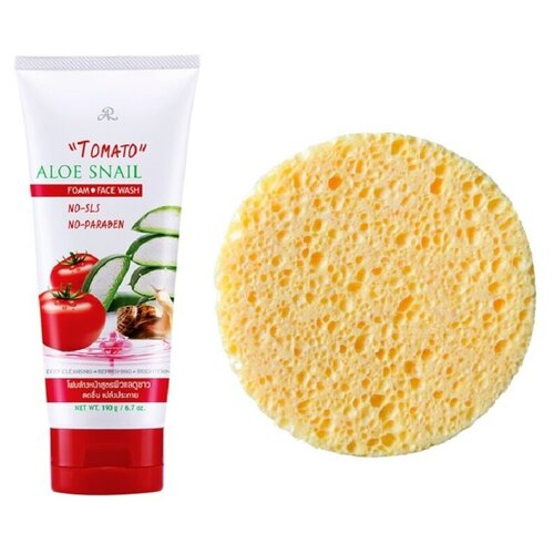 Aron Пенка для умывания с секретом Улитки, Ретинолом, Томатом и Алоэ Вера + Спонж очищающий для лица и тела, 190 мл.