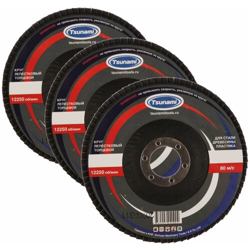 Круг лепестковый торцевой TSUNAMI,Круг шлифовальный 125х22 Р80, 3 штуки