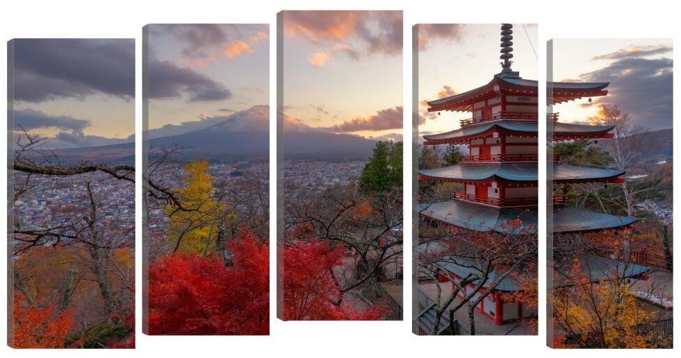 Модульная картина "Япония Mountains Mount Fuji Pagodas Autumn". В спальню, гостиную, зал. PR-1517 (108x59см). Натуральный холст