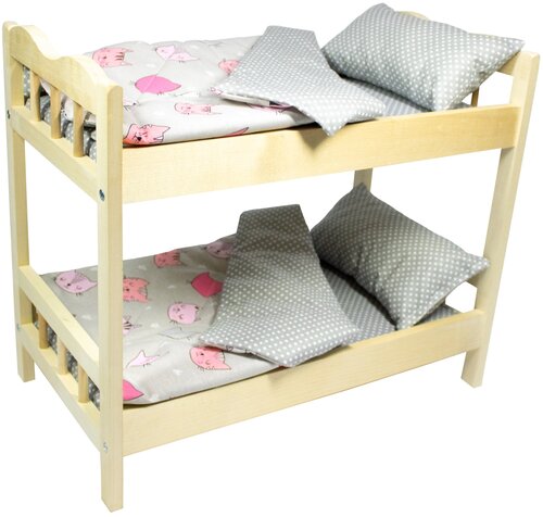 Кроватка для кукол до 50см с постельным бельем: двухъярусная, Киса в розовом